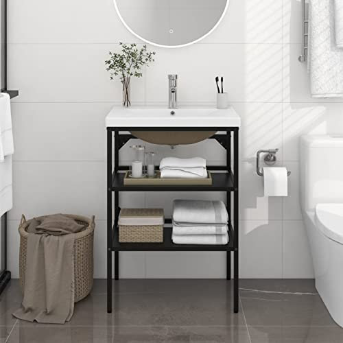 qohoio Floor Standing Vanity Cabinet with Sink, Bathroom Vanity Storage,Bathroom Washbasin Frame with Built-in Basin Black Iron