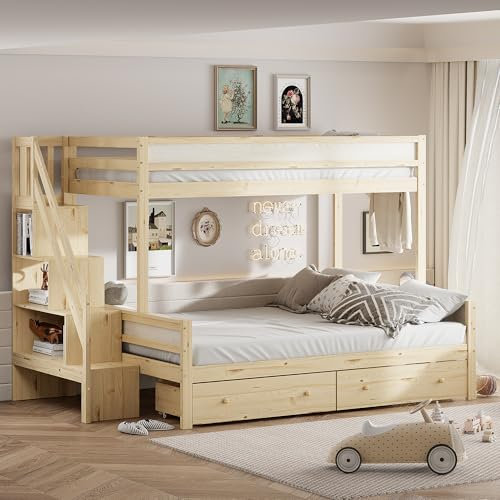 Merax Kinderbett Etagenbett für DREI Personen 90x200/140x200 cm - Massivholz-Etagenbett mit Sicherheitsstufen, Ablagefach, 2 Schubladen und Lattenrost - Naturfarben, ohne Matratze