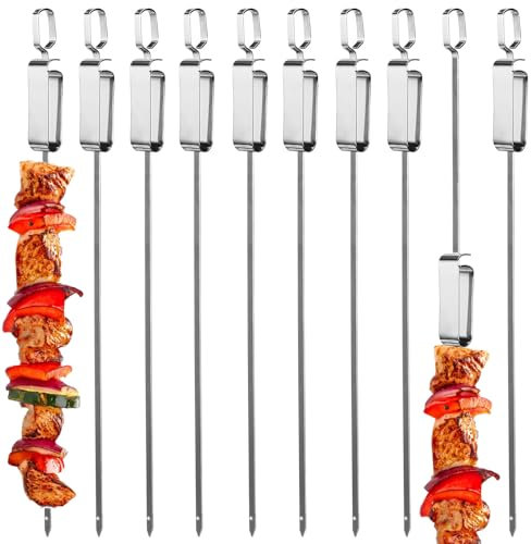 Lot de 10 brochettes pour barbecue, 41 cm x 6 mm x 1,8 mm, plates, avec fermeture rapide, en acier inoxydable 304, brochettes pour camping, larges brochettes réutilisables, brochettes à brochettes