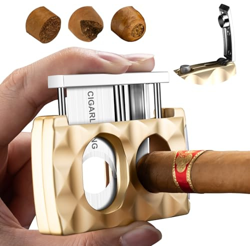 Cortador de cigarros de acero inoxidable multifuncional 4 en 1, guillotina de doble hoja para cigarros, corte recto y cortador en V con perforador, soporte para puros, regalo para hombres (dorado)