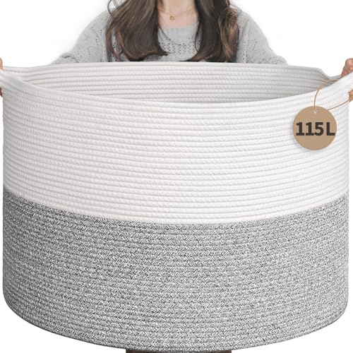TIMEYARD 115L Extra Large Blanket Basket, Soft Cotton Rope Storage Basket for Organizing, Home Decor, Toys, Laundry & Towels, Toy Storage Organizer for Living Room & Nursery, Light Grey