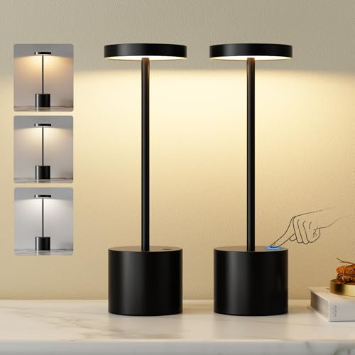 Lampada da tavolo senza fili, Lampada LED da tavolo ricaricabile, 3 Modalità di Colore, Lampada da tavolo LED per sala da pranzo, camera da letto, bar, caffè, ristorante, patio, set da 2 - Nero