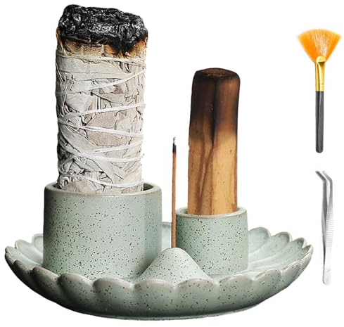 4-i-1-handgjord rökelseskål för alla rökelser, rökelsepinnar, Palo Santo, vit salvia I rökskål I keramisk askfångarbricka för meditationsrum, yoga, cyan