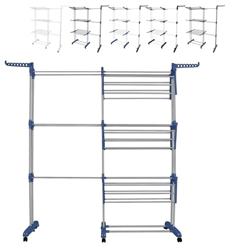 XUANYU 4 Niveaux Étendoir Extensible à Vêtement, Étendoir à Linge Pliable avec 2 Ailes Pivotantes, 6 Étagères Pliable et 6 roulettes, Séchoir à Linge sur Pieds (75-142) x 64 x 170 cm (Bleu-Gris)