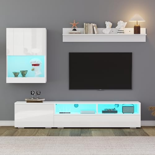 Ligterra Mueble de salón, mueble de TV, juego de muebles de salón (juego completo, 3 unidades), TV (vitrina, LED, brillante), estantería de pie o de pared (de pie o colgante), para TV de hasta 80