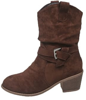Botas holgadas de tacón grueso a media pantorrilla para mujer, botines de gamuza cómodos estilo vaquero, botines de vestir de tacón bajo, Brown, 40.5 EU