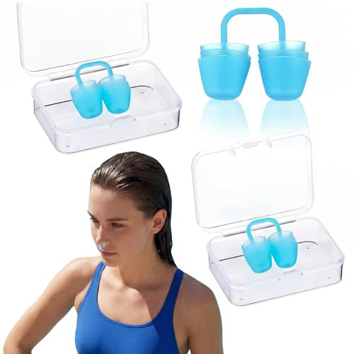 Shappy 2 Set Swimming Nose Plugs for Adults Soft Silicone Swim Nose Clip 3-Layer Water Block Comfort Fit Swim Noses Plugs with Transparent Storage Cases for Women Men(Blue)