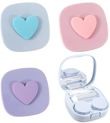 PYRUVAE 3 Pezzi Amore Custodia Per Lenti A Contatto Igienica Portatile Set Da Viaggio Con Pinzette Bottiglia Di Estrusione Ventose E Specchio Adatta Per Uscite Quotidiane (3 Colori)