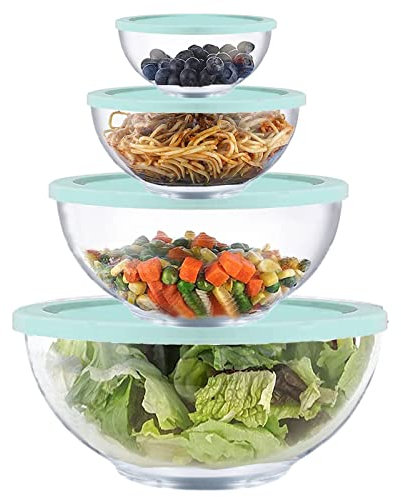 Glass Mixing Bowl Set with Airtight Lids for Kitchen Baking Prepping, Serving, Cooking 0.6QT, 1.1QT, 2.2QT, 4QT Salad Bowl Set with Lids, Dishwasher and Microwavable Safe