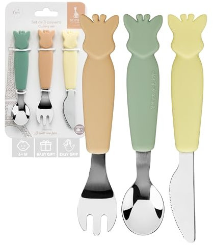 Sophie la Girafe – Set mit 3 pastellfarbenen Silikonbestecken