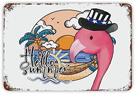 Letrero de estaño de árbol de coco, flamenco rosa, placa de metal toscano, decoración de jardín de verano, divertido cartel para colgar en la pared, para el hogar, piscina, chimenea, comedor, piscina