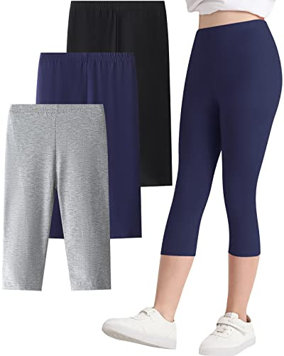 Adorel Leggins 3/4 Mallas Cortas Pantalón Verano Deporte Niña Pack de 3 Negro & Azul Marino & Gris 8-9 años (Tamaño del Fabricante: 140)