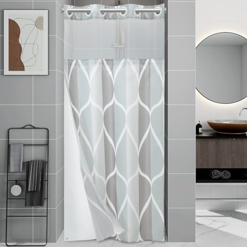 Yiatn No Hook grå liten stall duschdraperi med snäppa i tygfoderset – hotellstil med genomskinligt nät övre fönster, modern geometrisk vattendroppsdesign, vattentät och tvättbar, 80 x 180 cm
