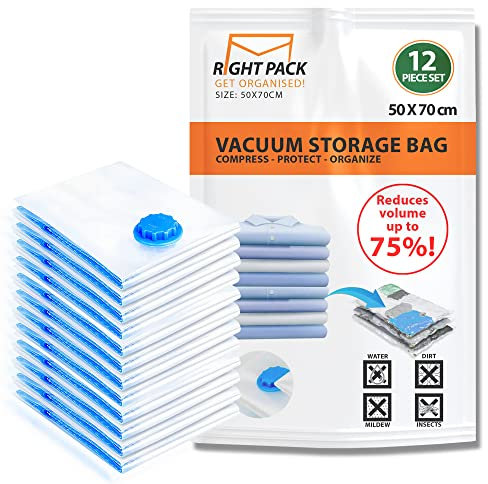 Right Pack Vacuum Storage Bags 12 Pack | Vacuum Storage Bags for Clothes | Airtight & Reusable Vacuum Bags | Space Saving Bags for Clothes, Pillows & More | Large 50 x 70 CM