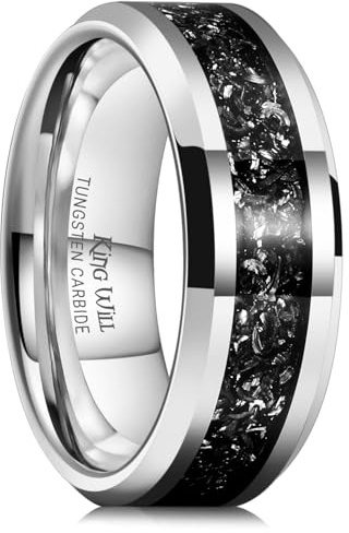 King Will Mens Meteorite Rings Tungsten Carbide Wedding Bands 8mm High Polished Engagement Ring for Couples Comfort Fit, Silver, Size 9.5