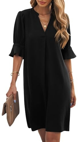 Wkior Summer Dress for Women Short Sleeve Solid Color Loose Casual Elegant Dress Black L