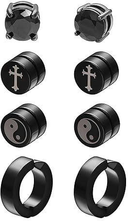 Airokiy Magnet Ohrringe Herren Schwarz Ohrringe Männer Magnet 4 Paare Tai Chi/Kreuz/mit Cubic Zirkonia Hypoallergene (8/13mm）