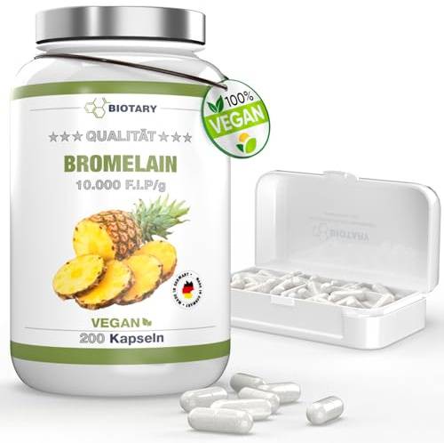 Bromelain 200 Kapseln - 500 mg - 10000 F.I.P/g - 5000 GDU/g - Vitamin C - 7 Monate Vorrat - Hochdosiert - inklusive Pillenbox - 100% Vegan - Rein pflanzlich - Laborgeprüft - Made in Germany