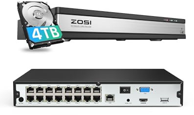 ZOSI 16CH 4K PoE NVR con Disco Duro de 4 TB, Grabador de videovigilancia para cámara IP PoE 2MP/3MP/4MP/5MP/8MP 4K, Funciona Solo con cámaras ZOSI PoE