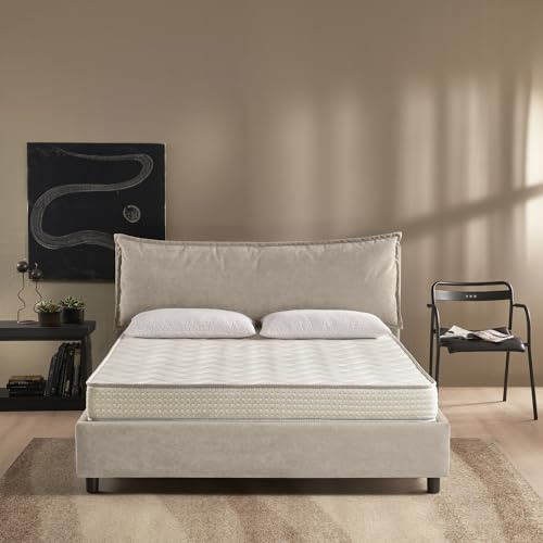 EVERGREENWEB - Letto Matrimoniale King Size con Box Contenitore, Materasso + Rete a Doghe in Legno 180x200 cm + Coppia Cuscini in Memory, Elegante Testiera color Tortora, Tessuto Imbottito SFODERABILE