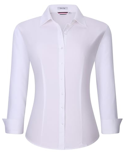 Alex Vando Blusa de manga larga con botones para mujer, sin arrugas, informal, para el trabajo, Blanco sólido, XL