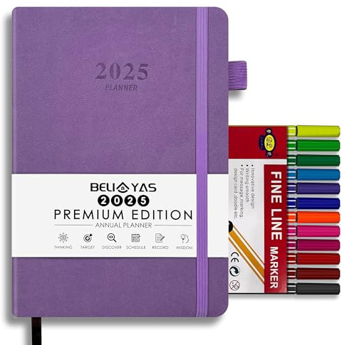 Agenda 2025, BELIAYAS Agendas Dia por Pagina, Funda Blanda de Cuero PU, Planificador Semanal 12 Meses con 12 Colores Rotulador Punta Fina(0.4mm), para Escolar/Trabajo, A5, 201 Páginas, Morado