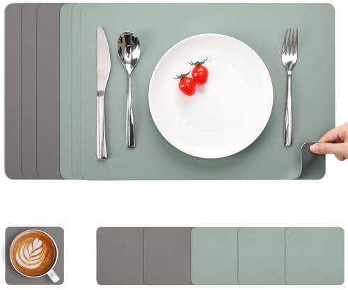 Myir JUN Leather Table Mats and Coasters, Dual-Sided Leather Placemats and Coasters Waterproof Placemats Set of 6 Place Mats Non-Slip Washable Table Mats (Gray Sage green, Set of 6)