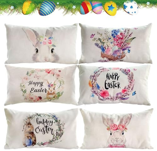 LOEPENLE 6er Set Ostern Kissenbezüge,30x50cm Kissenbezug Ostern,Modern Osterdeko Leinen Kissenhülle Ostern Deko Kissenbezüge Ostern Hase Sofa Kissen,Happy Easter Zierkissenbezug,Osterhase Kissenhülle