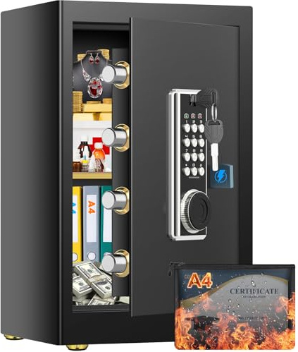 Caja fuerte grande de 80 litros con bolsa impermeable ignífuga A4, caja fuerte de seguridad digital antirrobo con cerradura de combinación electrónica y estante extraíble, cajas fuertes de acero para