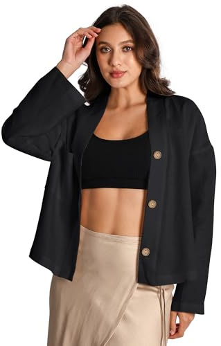 EELOTILE Women's Pure Linen Jacket Long Sleeves Botton Down Casual Cardigan Tops