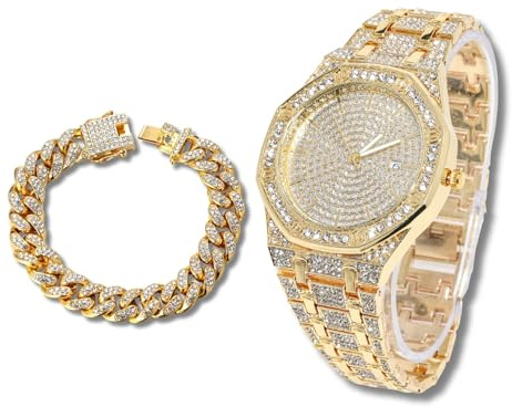 Richhut Diamantklocka för män åttakantig urtavla 20 mm bred rem pläterad i 18K äkta guld/vitguld platina med valfri kubansk länkkedja, present till pojkvän make, Guldklocka och armband
