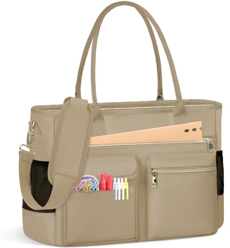 RAINSMORE Laptop Tote Bags for Women 15.6 inch Teacher Bag Large Nurse Utility Bag Computer Messenger Briefcase with Insulated Pocket for Work School Office Business University Khaki