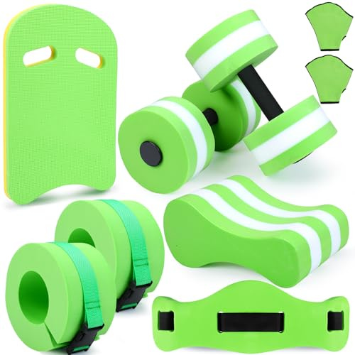 Sonwyoung 8 Pcs Water Aerobics Set Including Exercise Foam Dumbbells Aquatic Swim Belt Pull Buoy Swim Kickboard Sport Gloves Water Weight Equipment for Aquatic Fitness Weight Loss Fitness Tool (Green)
