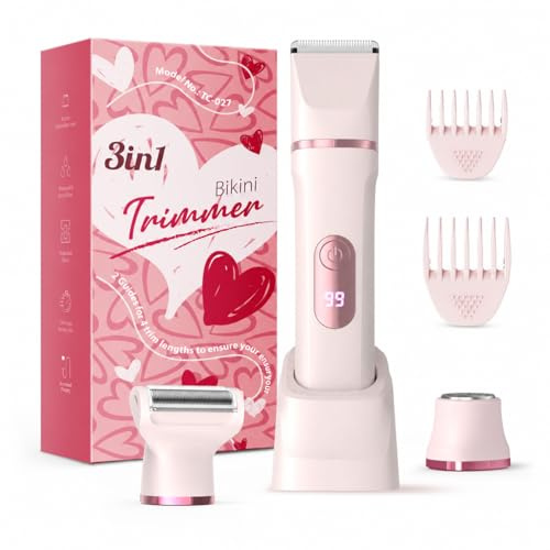 Rasoir de bikini 3 en 1 pour femme avec écran LED – Rasoirs électriques indolores pour peau de soie, rasoir pour poils pubiens pour femme, IPX7 et nettoyage facile, lame en céramique, station de