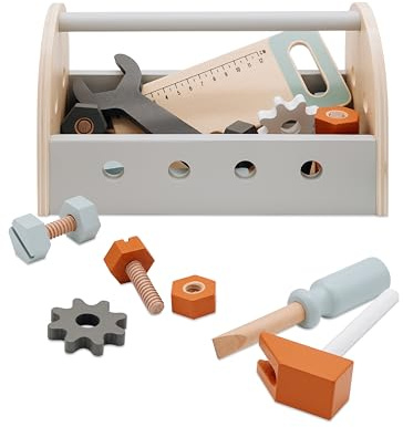 wunderwunsch Tryco Kinder Werkzeugkasten Holz, Werkzeugkoffer als Geschenk, Werkzeugset für Kleinkinder zum Lernen, Motorikspielzeug personalisiert, individualisiert (ohne Name)