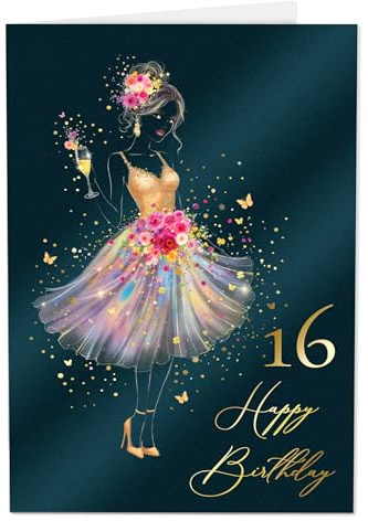 Joli Coon Papeterie födelsedagskort 16 STARDUST Lady – Premium födelsedagskort 16 flickor med FinePaper kuvert och äkta vaxförsegling – 17 x 11,5 cm