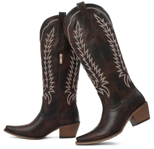Tscoyuki Womens Cowboy Boots | Knee High Western Cowgirl Boots, Comfortable Chunky Heel, Classic Embroidery, Pointed Toe, Side Zipper & Pull On Tabs for Concert, Rodeo & Country Festival Brown, Size 8