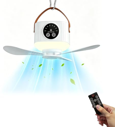 moyiw Portable Camping Fan with LED Light, 7200 mAh USB Ceiling Fan with LED Light Remote Control, Timer, 4 Speeds 3 Brightness, Rechargeable Ceiling Fan for Tent Car Picnics Travel
