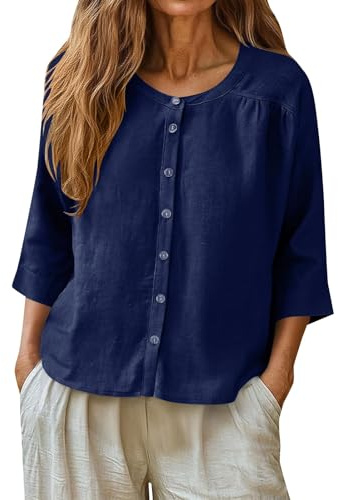 Hauts d'été en lin pour femmes, manches 3/4, col rond, chemise boutonnée, élégante, intelligente, décontractée, hauts de sortie, chemisiers et chemises légers pour femmes, vêtements de bureau et de