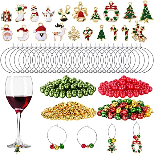 WILLBOND Lot de 670 breloques Noël émail - Cloches dorées - Perles rouge et vert - Marqueurs verre - Fabrication bijoux