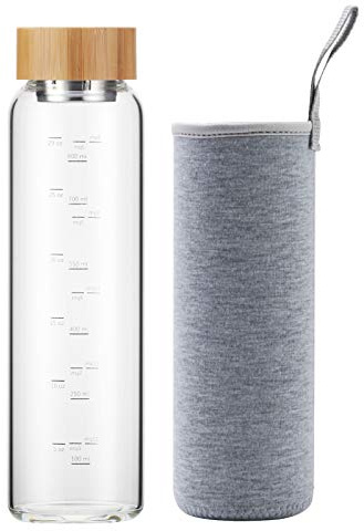 sunkey Glass Water Bottle 32 oz Wide Mouth with Sleeve Bamboo Lid Motivational Water Bottle With Time Marker Reusable Safe for Hot Cold Drinks Bpa Free (Gray)