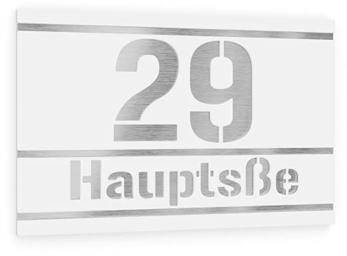 Graviers Design targhetta numero civico a due righe da esterno – 380x264 mm, bianco, acciaio inox V2A (AISI 304), personalizzabile