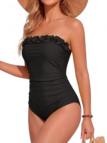 Smismivo Strapless Swimsuits for Women Bandeau Swimming Costume One Piece Tummy Control Swimwear Ruched Slimming Vintage Tube Top Padded Push Up Bathing Suit (Black)