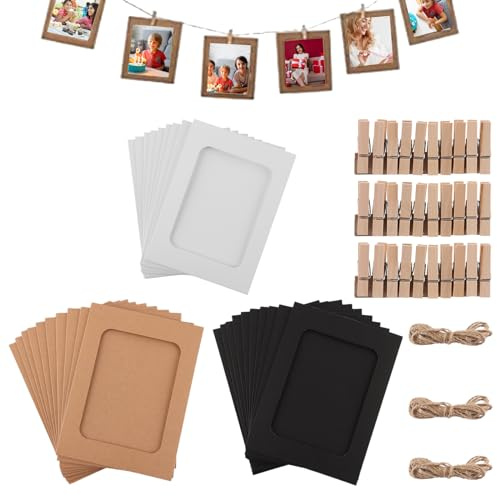 VIDETOL 90 cornici portafoto in cartone, 11,5 x 15,4 cm, in 3 colori, con clip e corda di canapa per foto, progetti fai da te, decorazioni per feste