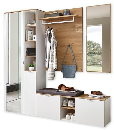 BARI Flurgarderoben Set in Weiß, Artisan Eiche Optik FSC-Zertifiziert - Modernes Garderobenset 4-teilig für Ihren Eingangsbereich - 206 x 202 x 38 cm (B/H/T)