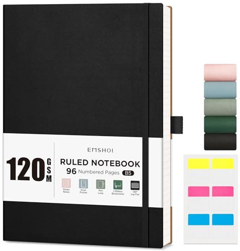 EMSHOI B5 Notebook Lined - 120 GSM Lined Paper, 96 Numbered Pages Softcover College Ruled Composition Notebooks with Free Sticky Notes for Women Men Office School,19 X 25 cm - Black