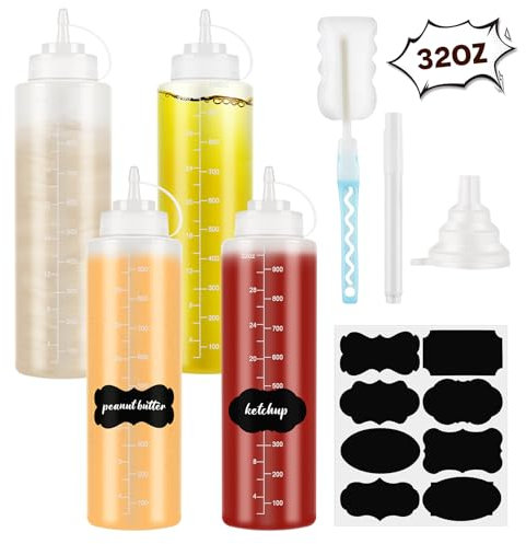 Fisynug 4 Pack 32oz/1000ml Plastic Squeeze Bottle with Nozzles Dispensing Sauce Condiment Bottles for Ketchups Salad BBQ Syrups Paint