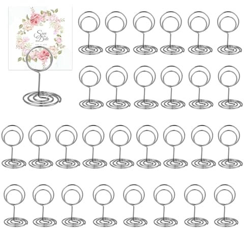 SHUOHONG 30 Piezas Plata Soportes para Números de Mesa, Soporte Fotos de Metal, Soportes para Tarjetas, Soporte para Mensajes, para Restaurantes Bodas Banquetes Fiestas Celebraciones (Redondo)