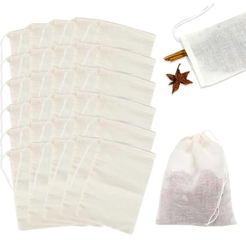 30 Pieces Muslin Bags, 100% Cotton Drawstring Bag,Reusable Mesh Bags, Snack Spices Bags, Tea/Coffee Filter Bags (8cm x 10cm)
