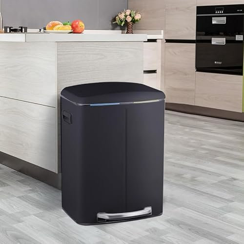 STARNINE 40L Dual Compartment Recycling Bin 2 Section Stainless Steel Kitchen Bin Waste Pedal Dust Bin Soft Closing Lid Finger Print Proof Removable Inner Compartments (Black)
